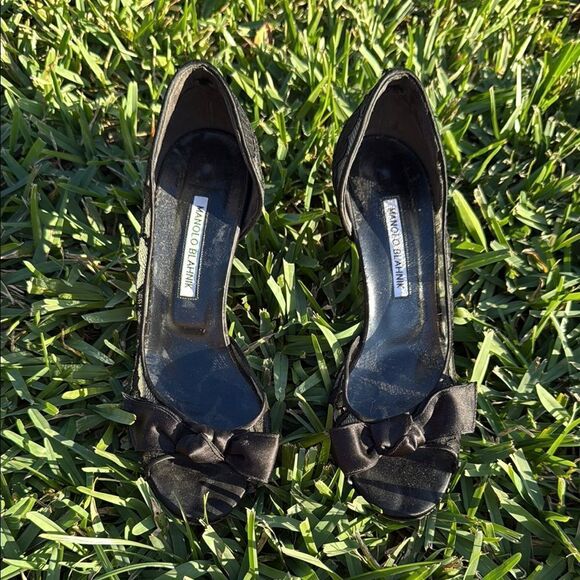 Manolo Blahnik Black Women's Shoes Size 38.5 Lace Black Heels - Picture 1 of 4